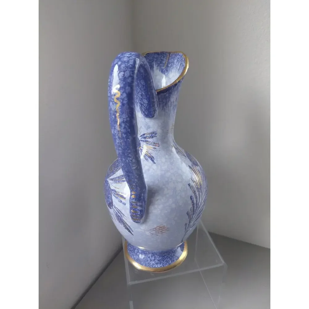 VTG Holland Pitcher Blue Gold Hand Painted Genie Bottle Handle Signed Capri MCM